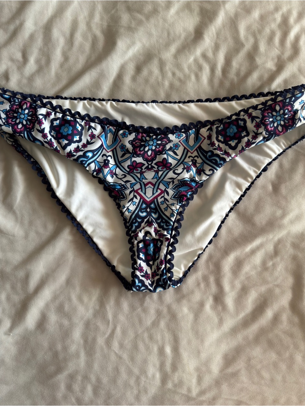 White Bikini Bottom with Blue & Pink Mosaic Trim
